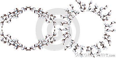 Two watercolor twisted willow frames isolated on white background. Easter decoration. Stock Photo