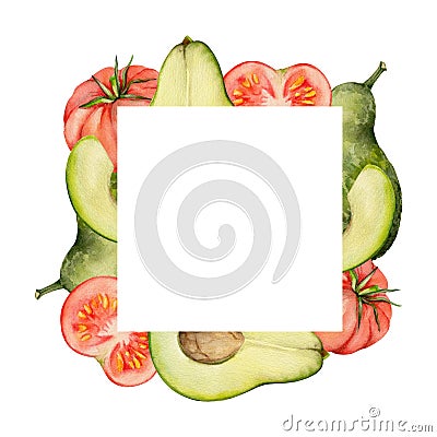 Hand drawn watercolor green avocado, tomato vegetable diet healthy lifestyle, vegan cooking. Illustration square border Stock Photo