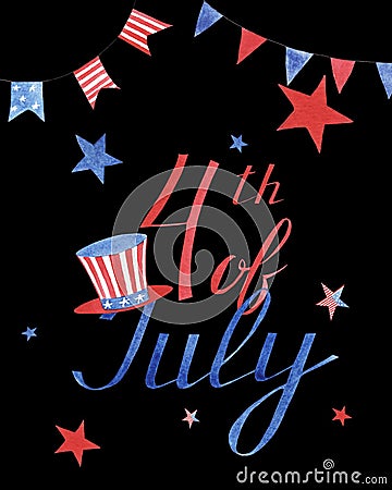 Watercolor greeting card with stars and hat to independence day of America on black background Stock Photo