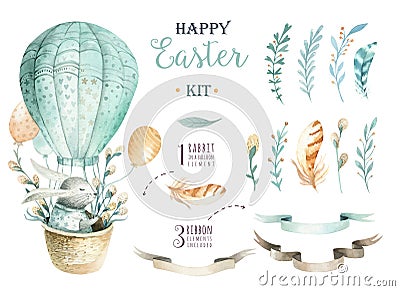 Hand drawn watercolor happy easter set with bunnies design.Rabb Cartoon Illustration