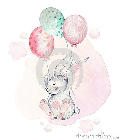 Hand drawn watercolor happy easter set with bunnies design. Rabbit balloon fly, isolated boho illustration on white Cartoon Illustration