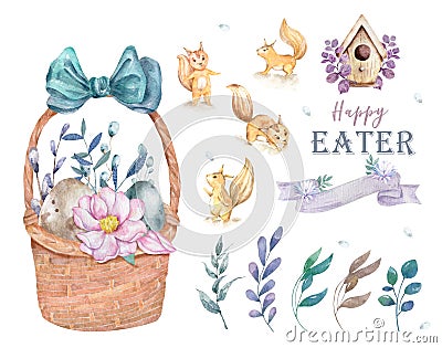 Hand drawn watercolor happy easter set with basket and squirrel design. Rabbit bohemian style, isolated boho illustration on white Cartoon Illustration