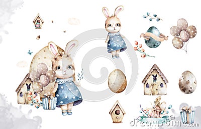 Hand drawn watercolor happy easter set with bunnies design. Rabbit bohemian style, isolated boho illustration on white Cartoon Illustration
