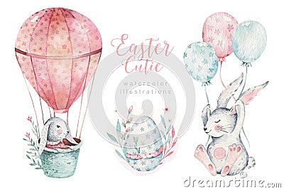 Hand drawn watercolor happy easter set with bunnies design. Rabbit bohemian style, isolated eggs illustration on white Cartoon Illustration