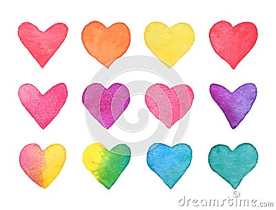 Hand drawn watercolor heart set. Rainbow hearts collection isolated on white background. Romantic design element for wedding Vector Illustration