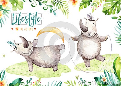 Hand drawn watercolor hippopotamus animals. Boho nursery yoga practice hippo illustrations, jungle tree, brazil trendy Cartoon Illustration