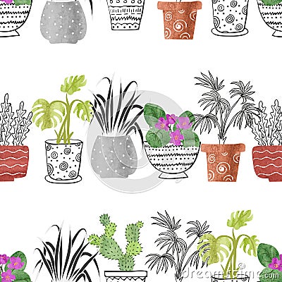 Hand drawn watercolor house plants in the pots. Vector Illustration
