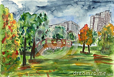 Hand drawn watercolor illustration. Autumn urban sketch. Cityscape with houses and builings. City and park garden. Green and orang Cartoon Illustration