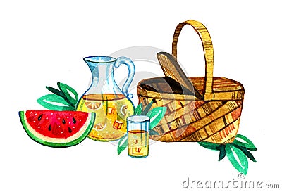 Hand drawn watercolor illustration with basket, lemonade and watermelon. Picnic, summer eating out and barbecue Cartoon Illustration