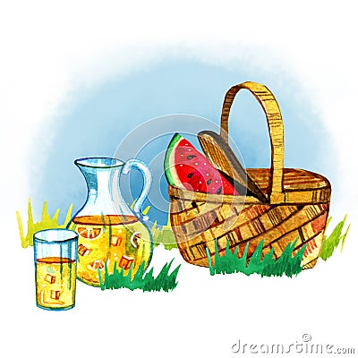 Hand drawn watercolor illustration with basket, watermelon and lemonade on grass. Picnic, summer eating out and barbecue Cartoon Illustration