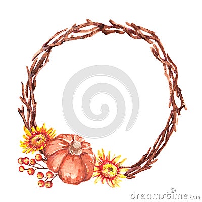 Hand-drawn watercolor illustration of the beautiful autumn wreath with little pumpkin, different colorful flowers chrysanthemums Cartoon Illustration