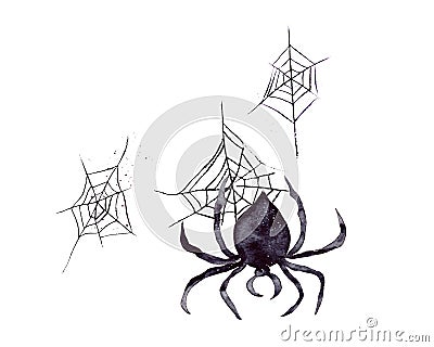 Hand-drawn watercolor illustration. A black spider is descending its web upside down. The attribute of the celebration of Cartoon Illustration