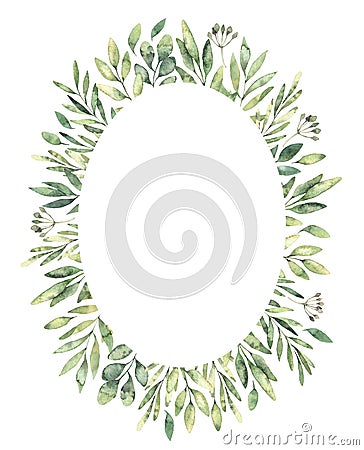 Hand drawn watercolor illustration. Botanical oval label of green branches and leaves. Spring mood. Floral Design elements. Cartoon Illustration