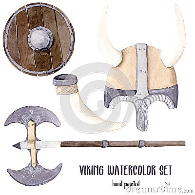 Hand drawn watercolor illustration boy clipart vikings set isolated objects blue yellow shield helmet with horns labrys Cartoon Illustration