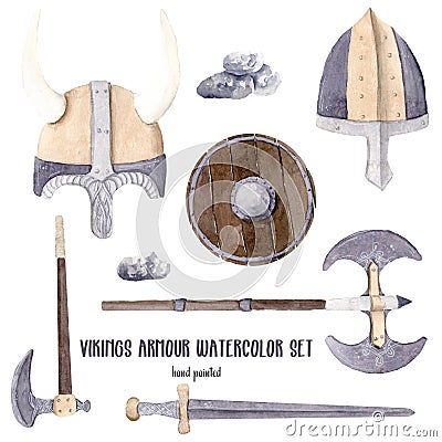 Hand drawn watercolor illustration boy clipart vikings set isolated objects blue yellow shield labrys axe helmet with horns Cartoon Illustration