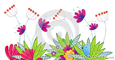 Hand drawn watercolor illustration with cartoon decorative flowers, plants and bird. Illustration for children prints Vector Illustration