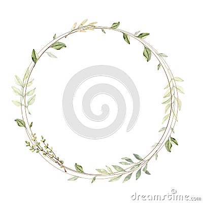 Hand drawn watercolor illustration. Circle gold frame with botanical branches and leaves. Greenery. Floral Design elements. Cartoon Illustration