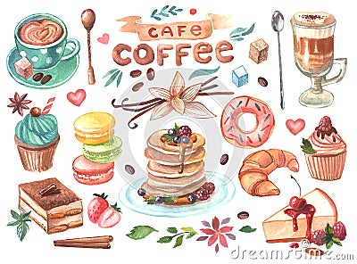 Hand drawn watercolor illustration coffee and sweets Cartoon Illustration