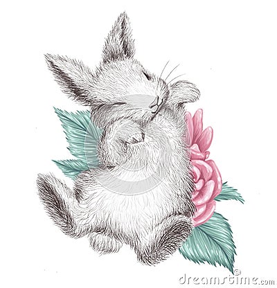 Hand drawn watercolor illustration with cute adorable bunny little character sleeping on pink flowers Cartoon Illustration