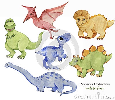 Hand drawn watercolor illustration of cute dinosaurs. Historical reptiles. Collection dinosaurs - cartoon character Cartoon Illustration