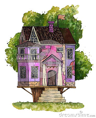 Cute pink house on the tree. Cartoon Illustration