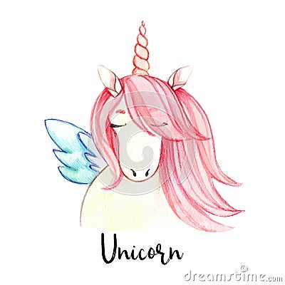 Hand drawn watercolor illustration.Cute unicorn with pink hair. Cartoon Illustration