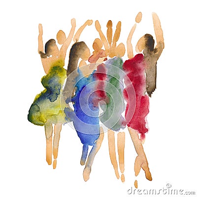 Hand drawn watercolor illustration. Dancing people. People shaped watercolor stains Cartoon Illustration