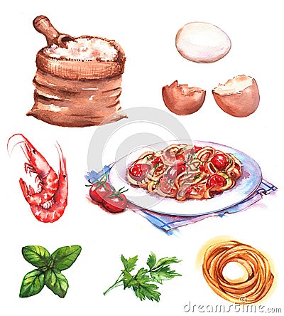 Hand-drawn watercolor illustration of different products and ingredients Cartoon Illustration