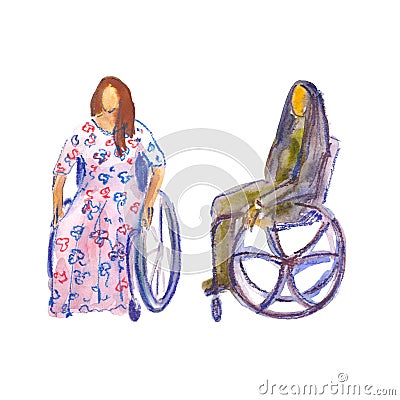 Hand drawn watercolor illustration. Disabled and elderly person. People with disabilities on crutches and wheelchair. Cartoon Illustration