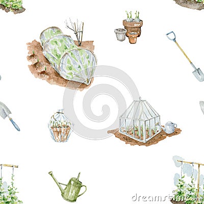Hand drawn watercolor illustration, eanglish-style garden glass greenhouse with watering can. Village gardering composition Cartoon Illustration