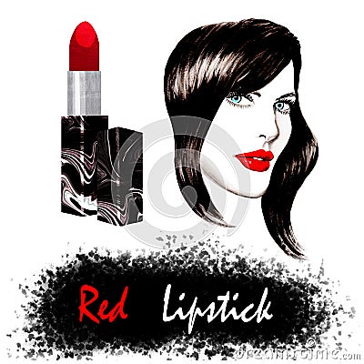 Hand-drawn watercolor illustration with the face of a beautiful woman with blue eyes and bright red lips. Red lipstick made of tex Cartoon Illustration