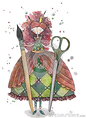 Hand drawn watercolor illustration. Fairy of art. Cartoon Illustration