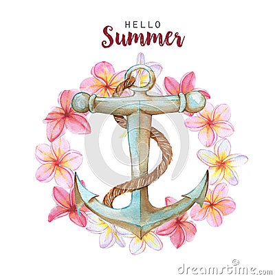 Hand-drawn watercolor illustration of the floral wreath and anchor Cartoon Illustration