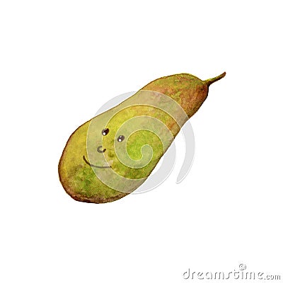 Hand drawn watercolor illustration with funny pear character. Cartoon Illustration