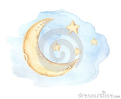 Hand Drawn watercolor illustration - Good night sleeping moon, Cartoon Illustration