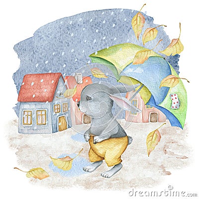 Watercolor autumn scene with cute rabbit, umbrella, houses and rain Cartoon Illustration