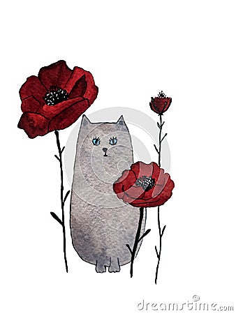 Hand drawn watercolor illustration of grey cat with red flowers Cartoon Illustration