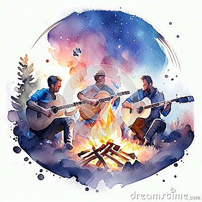Hand drawn watercolor illustration of a group of men playing the guitar on a campfire. Generative AI Cartoon Illustration