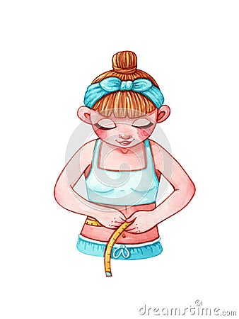 Girl or woman measuring waist with tape measure Cartoon Illustration