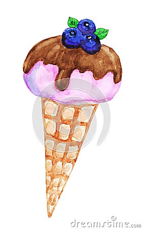 Ice cream cone with chocolate glaze and blueberry and mint topping. Cartoon Illustration