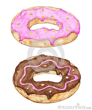 Two glazed donuts with pink and chocolate topping. Cartoon Illustration