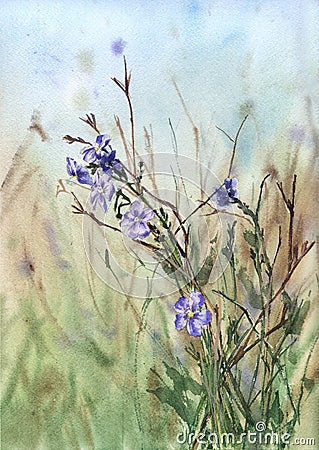 watercolor landscape with meadow and purple flowers Cartoon Illustration