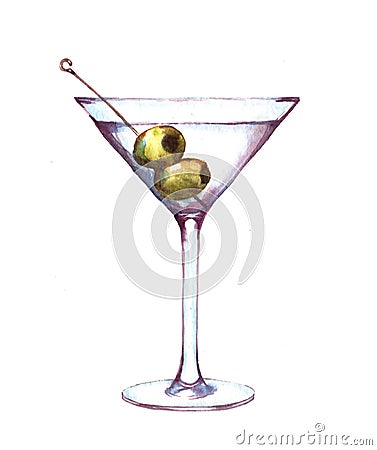 Hand-drawn watercolor illustration of the martini in the glass with green olives Cartoon Illustration