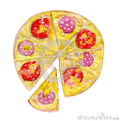 Pepperoni pizza with a cut off slice. Cartoon Illustration