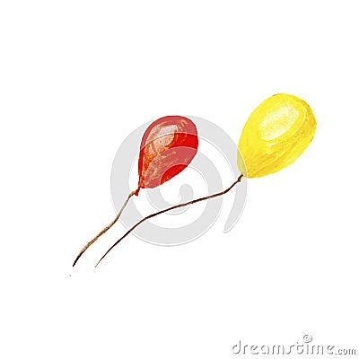 Hand drawn watercolor illustration red and yellow flying balloons isolated on white background. Cartoon Illustration