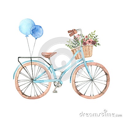 Hand drawn watercolor illustration - Romantic bike with flower b Cartoon Illustration