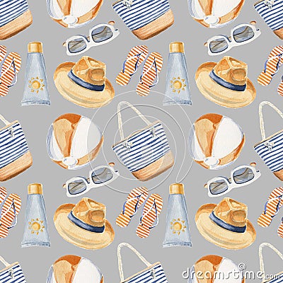 Hand drawn watercolor illustration seamless pattern beach vacation holiday sea seaside hat sun cream ball sun glasses flip flops Cartoon Illustration