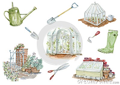 Hand drawn watercolor illustration set of english style garden. Gardering, fence, geenhouse, rubber boots and garden tools clipart Cartoon Illustration