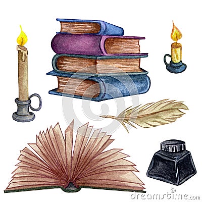 Hand Drawn watercolor illustration. Set with a pile of old books, ink bottle, open book, feathe and candle Cartoon Illustration