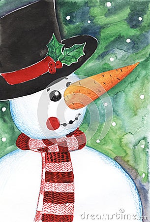 Hand drawn watercolor illustration. A snowman in a black top hat with a red ribbon with sprigs of holly and holly. Green Cartoon Illustration